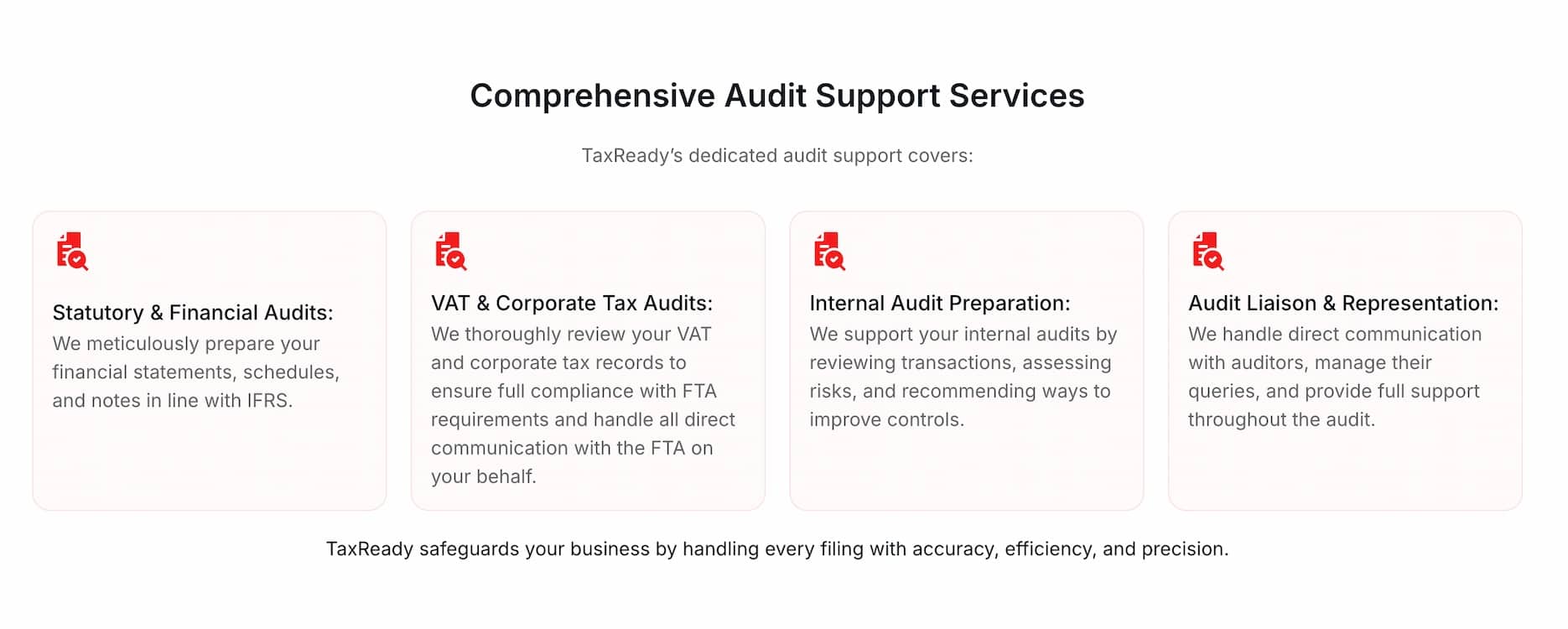 An infographic that lists TaxReady's audit support services, including preparing financial statements, VAT and Corporate Tax records, as well as communicating with the FTA.