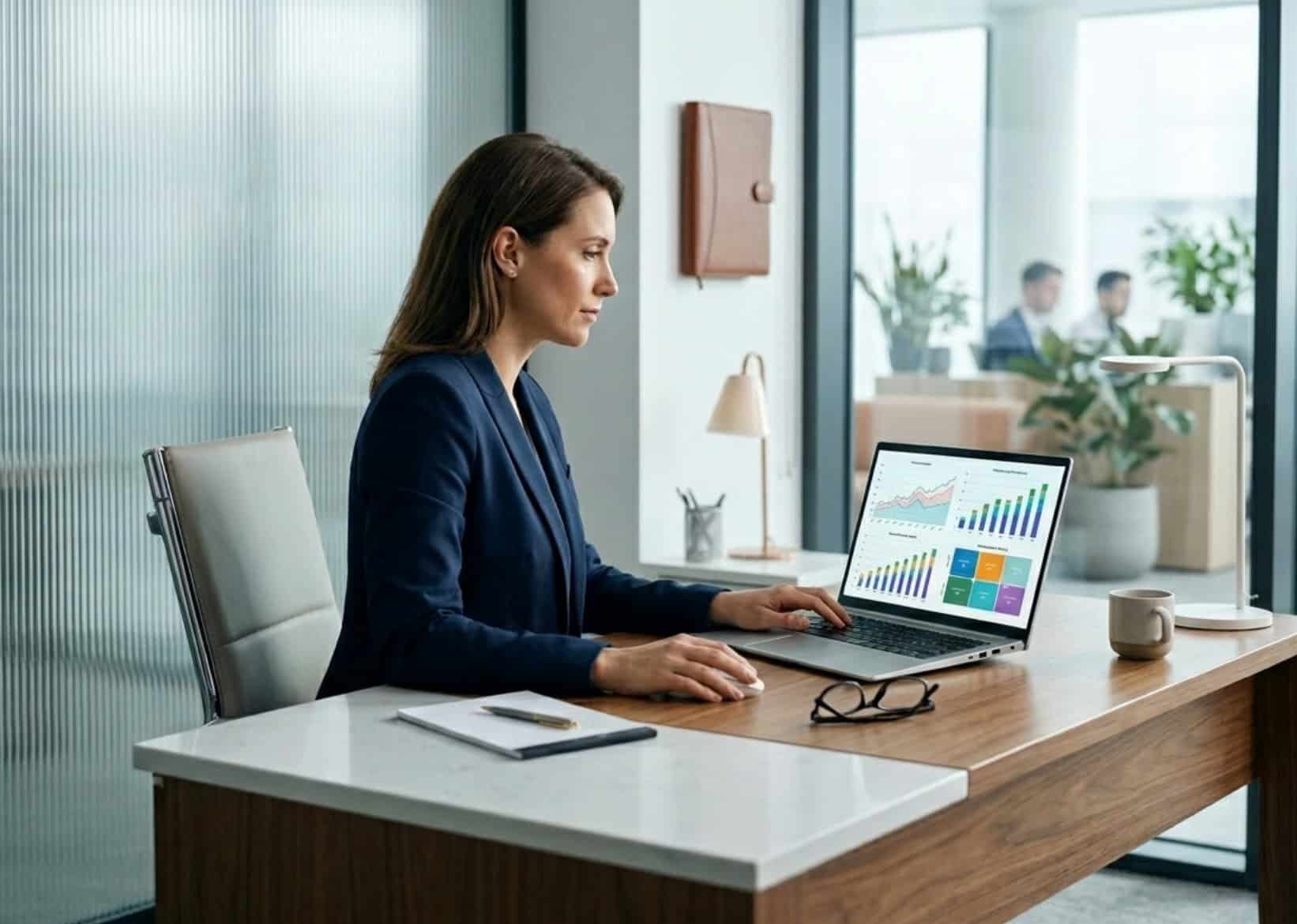 Finance professional reviewing an MIS report dashboard showing business performance, revenue trends, and KPI metrics.