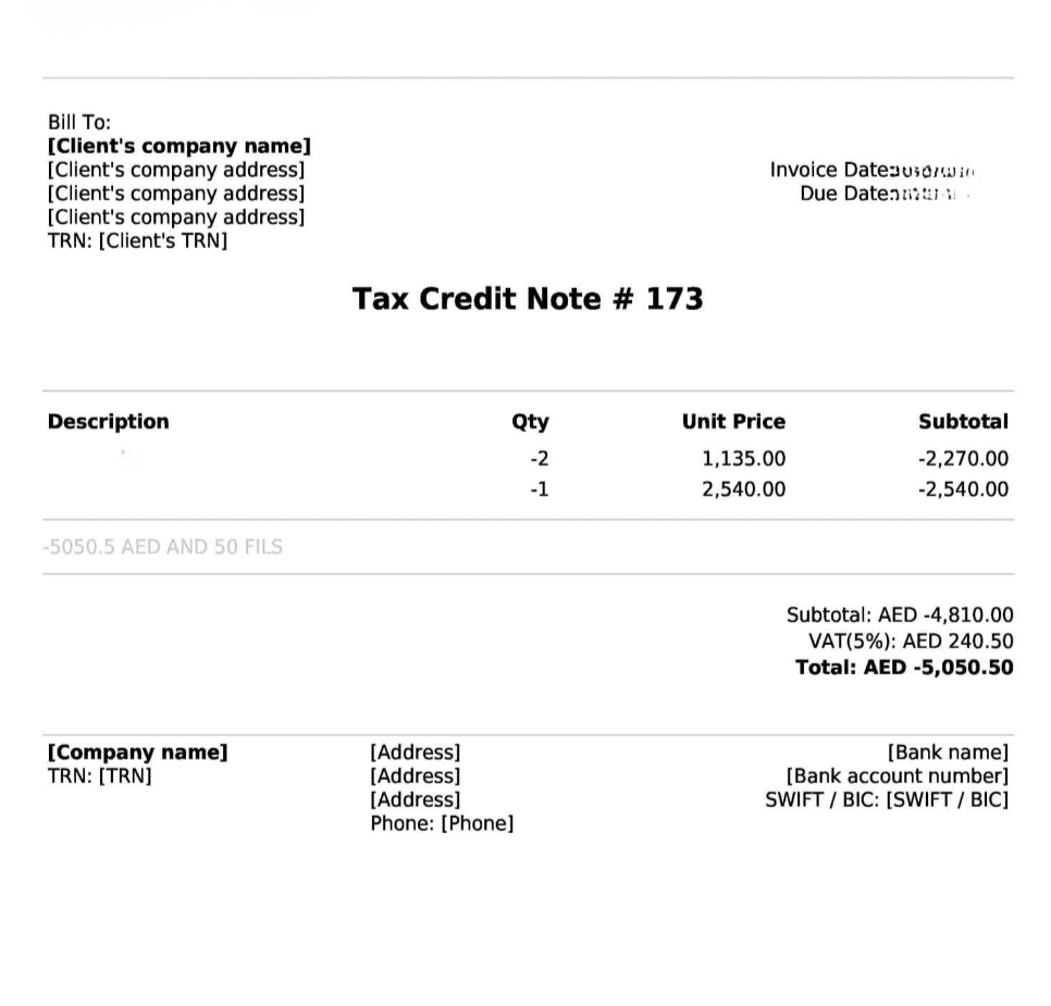 A sample UAE tax credit note showing customer details, itemized quantities, unit prices, subtotals, VAT calculations, and the final total, illustrating the layout and structure of a typical tax credit note used for VAT adjustments.