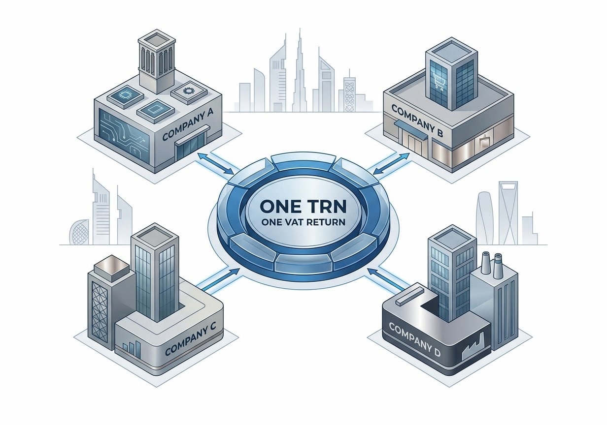 VAT group UAE structure showing multiple related companies filing under one TRN and one VAT return.